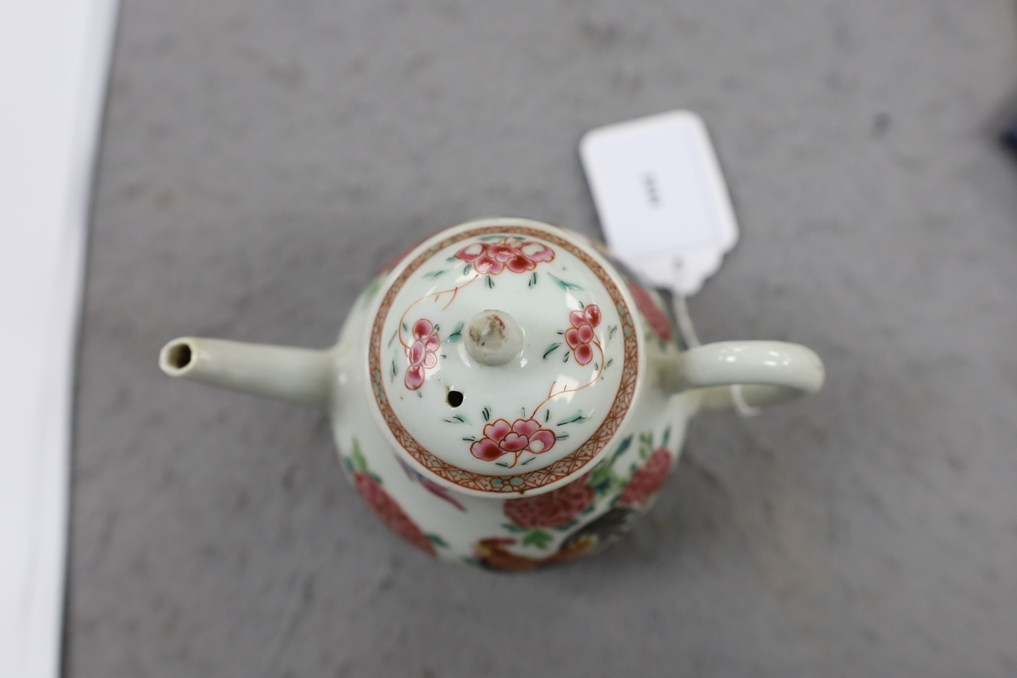 A Chinese famille rose ‘cockerel’ teapot, Yongzheng period, 12 cms high, 11.5cm high